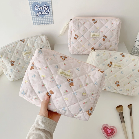 Quilted Makeup Bag Cotton Cartoon Bear Floral Print Portable Travel Cosmetic Pouch With Ribbon Zipper For Women Girls