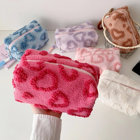 Borsa Cosmetici Peluche Cuore Pochette Trucco Portatile Pile Teddy Organizzatore Toilette Cerniera Donne Ragazze