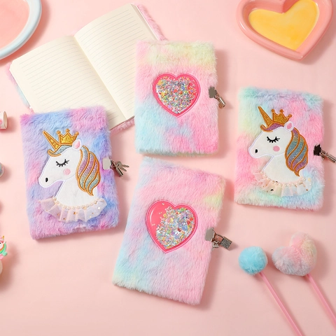 Unicorn Plush Diary With Lock And Key Rainbow Gradient Heart Sequin Notebook For Girls Student School Stationery Gift