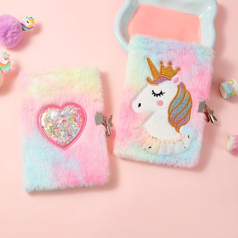 Unicorn Plush Diary With Lock And Key Rainbow Gradient Heart Sequin Notebook For Girls Student School Stationery Gift