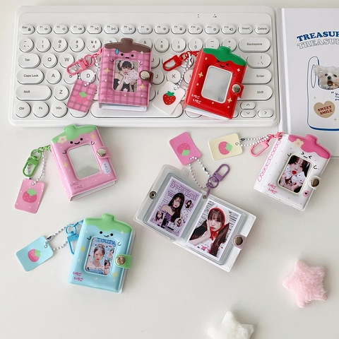 Mini Photo Album Keychain PVC Strawberry Star Chasing Card Holder Portable ID Photo Storage Book Small Kpop Binder For Students Girls