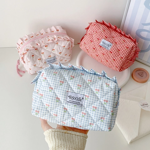 Kawaii Gingham Quilted Cosmetic Bag Cherry Pattern Ruffle Cotton Toiletry Pouch Travel Makeup Organizer Pouch For Women