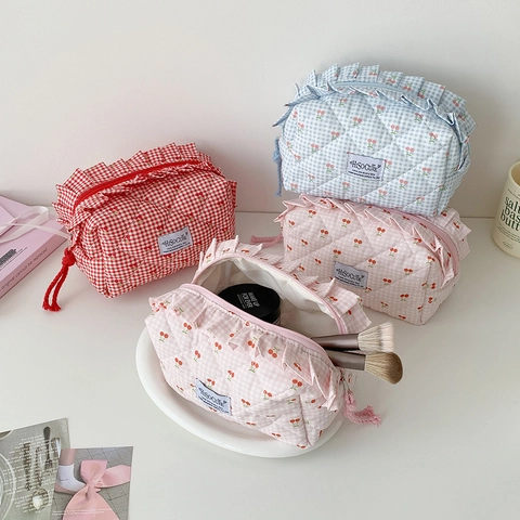 Kawaii Gingham Quilted Cosmetic Bag Cherry Pattern Ruffle Cotton Toiletry Pouch Travel Makeup Organizer Pouch For Women