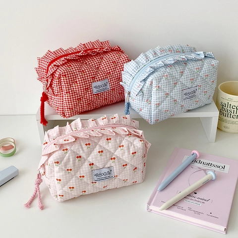 Gesteppte Kirsch Karomuster Schreibwarentasche Mit Rüschenrand Große Kapazität Kosmetiktasche Reise Make Up Organizer Für Studenten