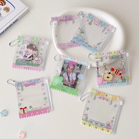 Kawaii Transparent PVC Photo Card Holder Candy Bag Zipper Storage Pouch With Metal Ball Chain Cartoon Mini Bag Charm