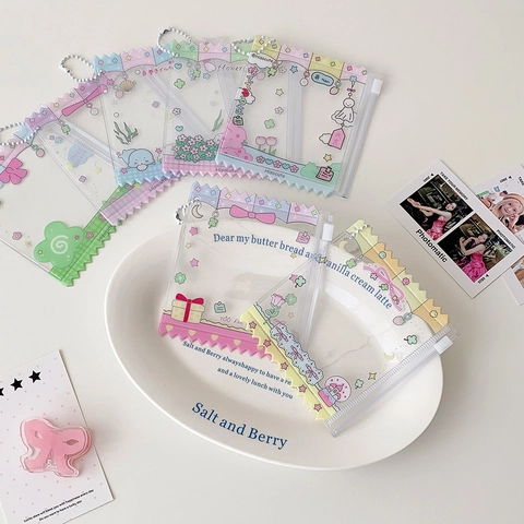Kawaii Transparent PVC Card Holder Zipper Mini Pouch With Ball Chain Photocard Protector Sleeve For Students Girls