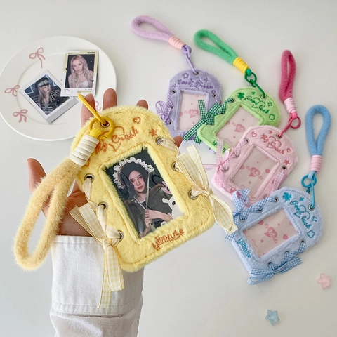 Porta Fotocard In Peluche Con Cordino Kawaii Fiocco Di Nastro Ricamo Dolce Custodia Per Carta Identità Studenti Fan Kpop