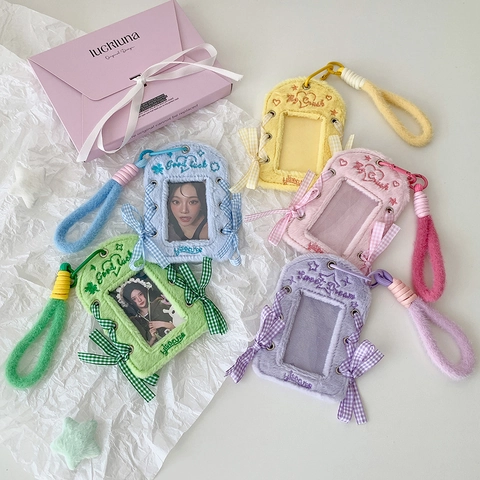Lindo Portafotos de Peluche Con Cinta de Lazo Ventana Transparente Para Tarjetas Fotográficas Pequeñas Kawaii Kpop Idol Protector de Tarjetas Llavero