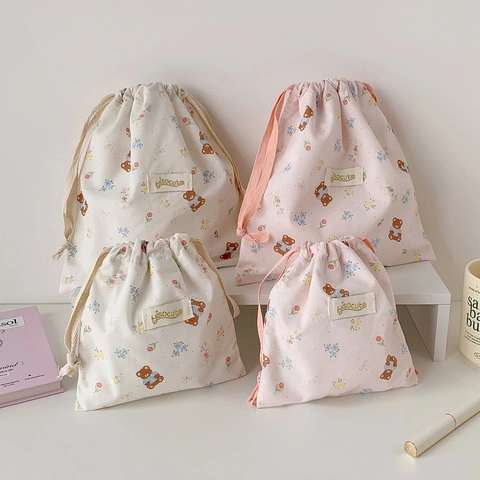 Borsa Da Viaggio Portatile Con Coulisse Orso Cartone Animato Tessuto Bustina Trucco Carina Organizzatore Per Donne Ragazze