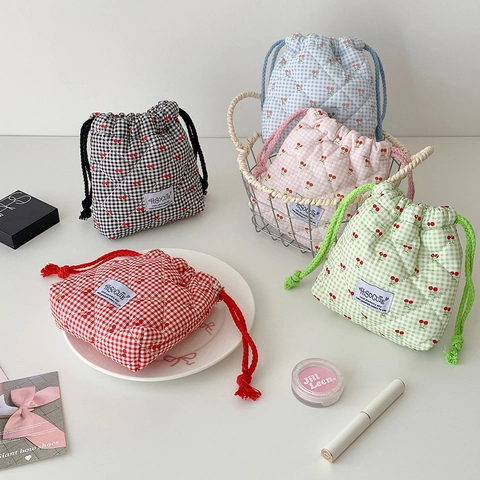 Drawstring Makeup Bag Quilted Cotton Cherry Print Gingham Plaid Travel Portable Toiletry Storage Pouch Cute Korean Style