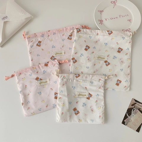 Borsa Da Viaggio Portatile Con Coulisse Orso Cartone Animato Tessuto Bustina Trucco Carina Organizzatore Per Donne Ragazze