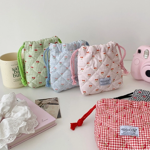 Drawstring Makeup Bag Quilted Cotton Cherry Print Gingham Plaid Travel Portable Toiletry Storage Pouch Cute Korean Style