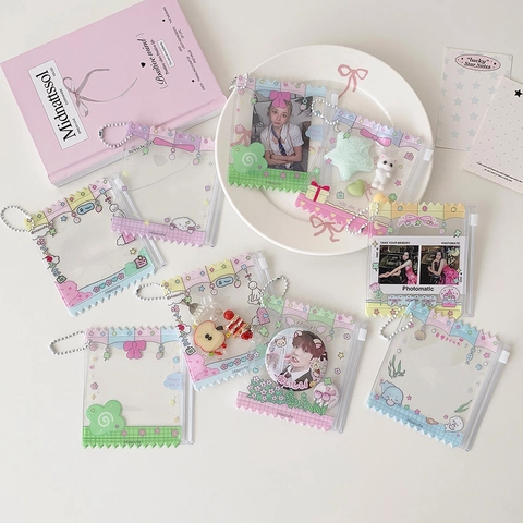 Kawaii Transparent PVC Card Holder Zipper Mini Pouch With Ball Chain Photocard Protector Sleeve For Students Girls