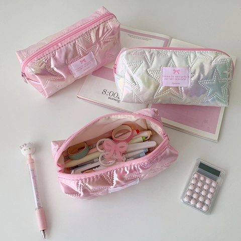 Trousse à Crayons Laser Matelassée Étoile Style Ins Sac de Rangement Papeterie Étudiant Portable PU Métallique Trousse Maquillage