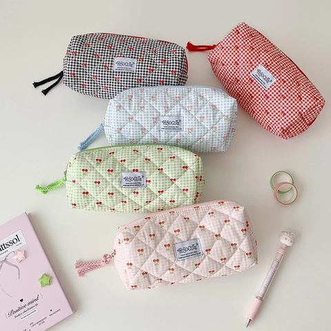 Steppstoff Federmäppchen Gingham Kirschmuster Große Kapazität Kosmetiktasche Süßer Student Schreibwaren Organizer Reißverschluss