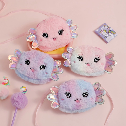Cute Axolotl Plush Crossbody Bag For Kids Girls Embroidery Cartoon Coin Purse Soft Animal Shoulder Bag Festival Birthday Gift