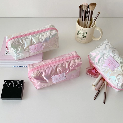 Trousse à Crayons Laser Matelassée Étoile Style Ins Sac de Rangement Papeterie Étudiant Portable PU Métallique Trousse Maquillage