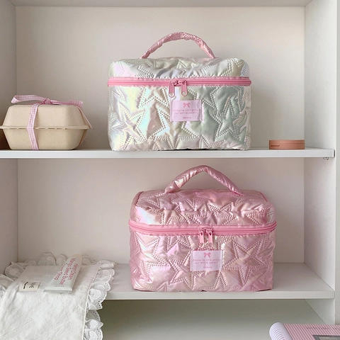 Borsa Trucco Trapuntata A Stella Grande Capacità Organizzatore Da Toeletta Olografico Custodia Da Viaggio Portatile Donne