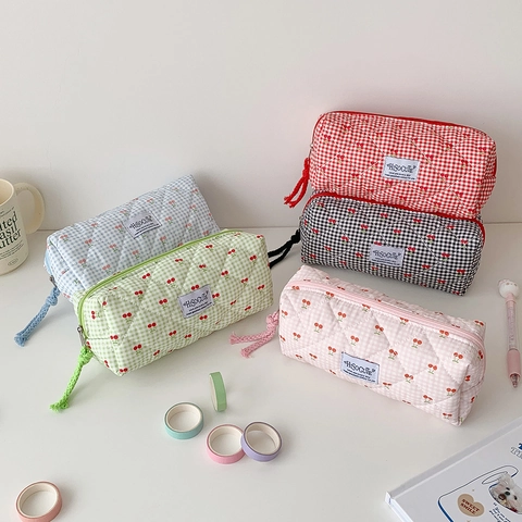 Steppstoff Federmäppchen Gingham Kirschmuster Große Kapazität Kosmetiktasche Süßer Student Schreibwaren Organizer Reißverschluss