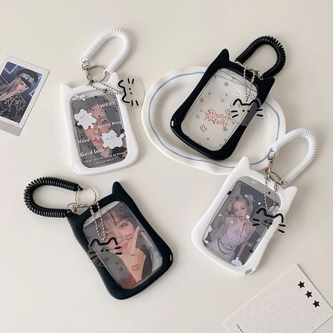 Kawaii Cat Ear Card Holder With Retractable Spring Lanyard Transparent Student Bus Card ID Case K-pop Photo Card Protector