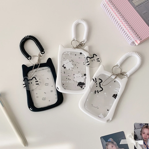 Cute Cat Ears Card Holder Transparent Photocard Sleeve With Spring Rope Keychain For Students Girls Bus ID Card Kawaii
