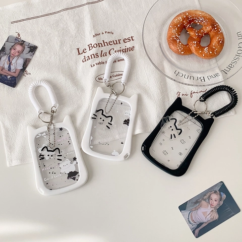 Cute Cat Ears Card Holder Transparent Photocard Sleeve With Spring Rope Keychain For Students Girls Bus ID Card Kawaii