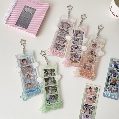 Kawaii Acryl Ster Fotokaarthouder Met Engelenvleugels Wolk Decor Koreaans Ins Stijl Multi-Slot Kaarthoes Sleutelhanger Voor Kpop Fans