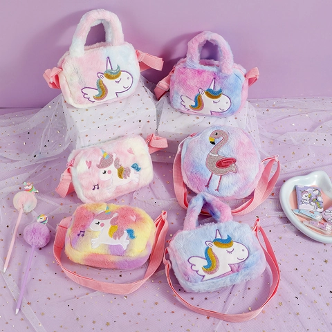 Kids Plush Crossbody Bag Unicorn Sequin Embroidery Gradient Macaron Color Cute Shoulder Purse With Adjustable Strap