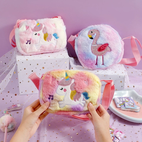 Kids Plush Crossbody Bag Unicorn Sequin Embroidery Gradient Macaron Color Cute Shoulder Purse With Adjustable Strap