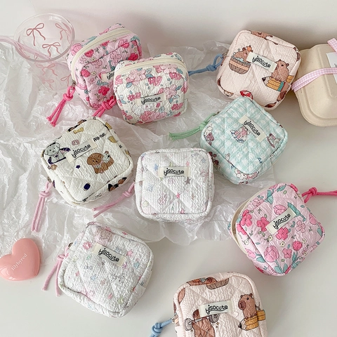 Square Quilted Cotton Sanitary Napkin Storage Bag Cute Floral Cartoon Makeup Pouch For Girls Students Portable