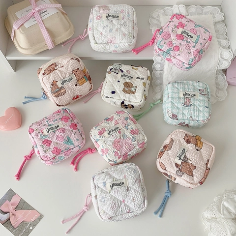 Square Quilted Cotton Sanitary Napkin Storage Bag Cute Floral Cartoon Makeup Pouch For Girls Students Portable