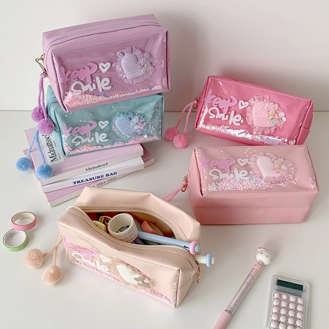 Korean Style Quicksand Sequin Pencil Case PU PVC Large Capacity Stationery Bag With Pom Pom Charm For Students Girls Office Organizer
