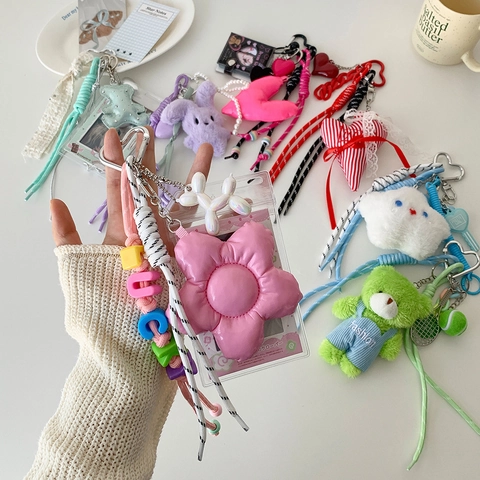 Cute Plush Animal Keychain With Photo Card Holder Cartoon Bear Rabbit Flower Star Heart Pendant For Ita Bag Decoration Women Girls Key Ring