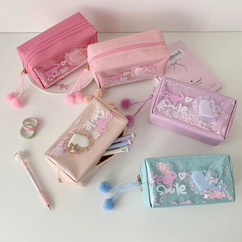 Borsa Trucco Kawaii Pelle PU PVC Paillettes Mobili Pizzo Cuore Astuccio Zip Con Sfera Di Pelo Per Studenti
