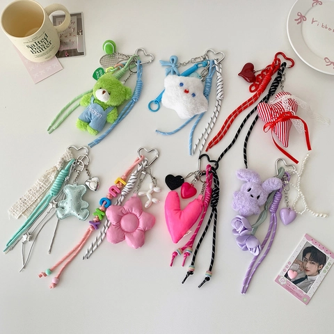 Cute Plush Cartoon Animal Bear Rabbit Heart Flower Keychain With Card Holder Pendant For Bag Decoration Women Girls Gift