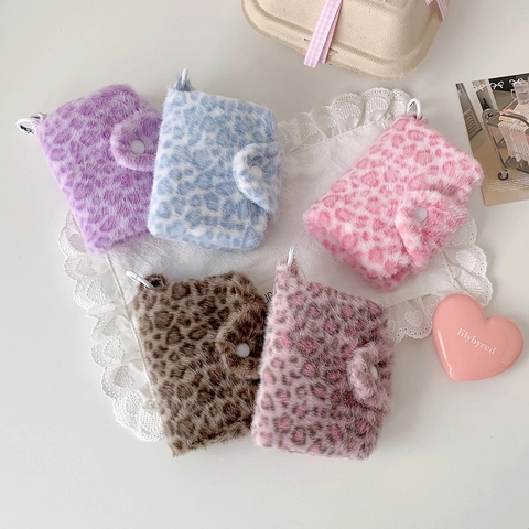 Leopard Print Plush Coin Purse With Snap Button And Hanging Hook Sweet Portable Faux Fur Small Wallet For Girls