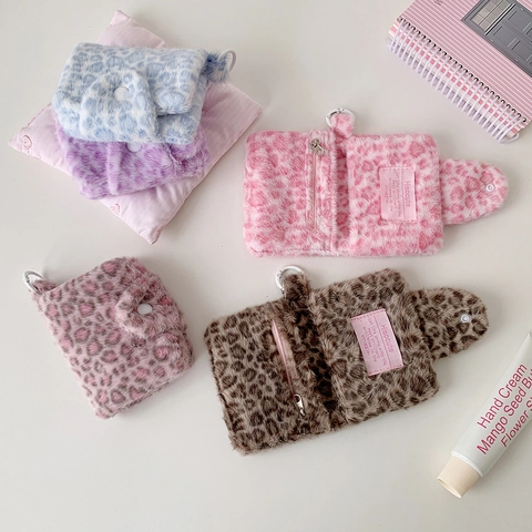 Leopard Print Plush Coin Purse With Snap Button And Hanging Hook Sweet Portable Faux Fur Small Wallet For Girls