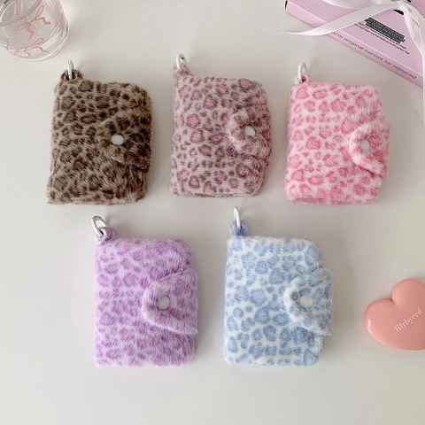 Portamonete Leopardato in Peluche Morbida Pelliccia Sintetica Mini Portafoglio Con Bottone a Pressione e Gancio Portatile Per Donna Ragazza