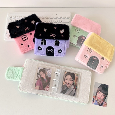 Plush House Shaped 3 Hole Loose Leaf Binder Photocard Holder Mini Photo Album Collect Book For Girls Idol Cards Storage