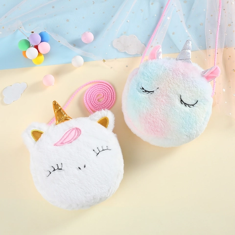 Borsa A Tracolla Unicorno In Peluche Cartone Animato Carino Rotondo Pelliccia Sintetica Ricamo Paillettes Borsa A Spalla Per Bambini Ragazze Regalo