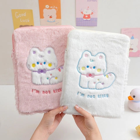 Custodia Per Tablet In Peluche Simpatico Gatto Cartone Animato Ricamato Morbida Protezione Laptop Antiurto Cerniera Ragazze