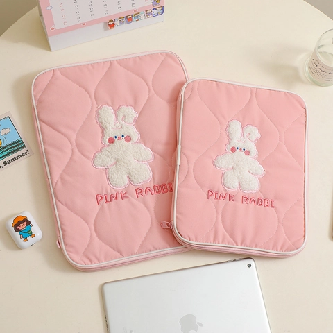 Laptop Sleeve Case Quilted Polyester Cotton Plush Cartoon Rabbit Bear Shockproof Protective Tablet Cover For Students Girls