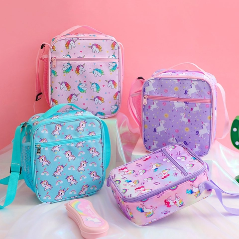 Kids Lunch Bag Insulated Oxford Cloth Unicorn Pattern Portable School Shoulder Strap Mesh Pocket Girls