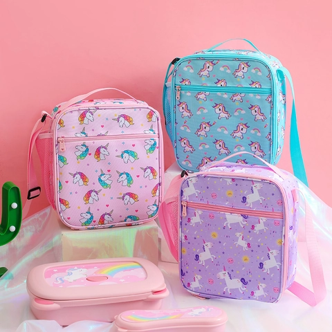 Kids Lunch Bag Insulated Oxford Cloth Unicorn Pattern Portable School Shoulder Strap Mesh Pocket Girls