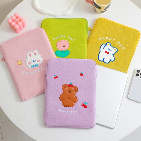 Süße Cord Tablet Hülle Cartoon Stickerei Bär Blume Hase Schützende Notebook Tasche Für Studenten Damen Universal Tasche