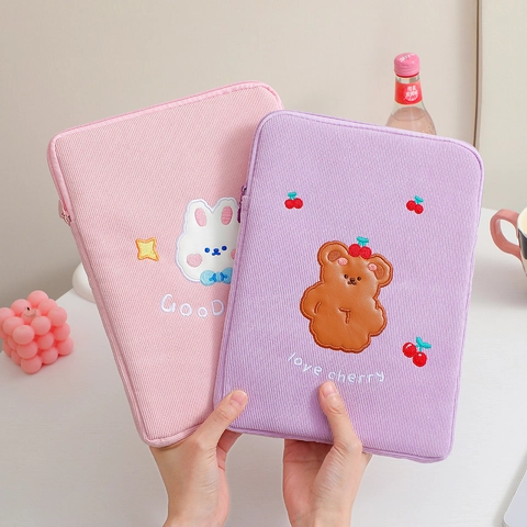 Funda Para Tableta De Pana Con Bordado De Oso Y Conejo De Dibujos Animados Bolsa Con Cremallera Para Estudiantes