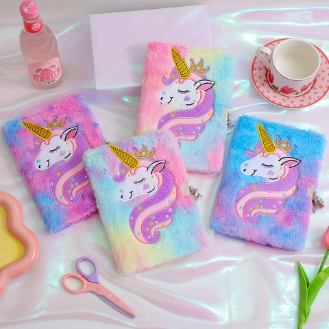 Carnet Licorne En Peluche Verrouillable Tie Dye Arc En Ciel Journal Intime Fournitures Scolaires Cadeau Étudiant Enfant