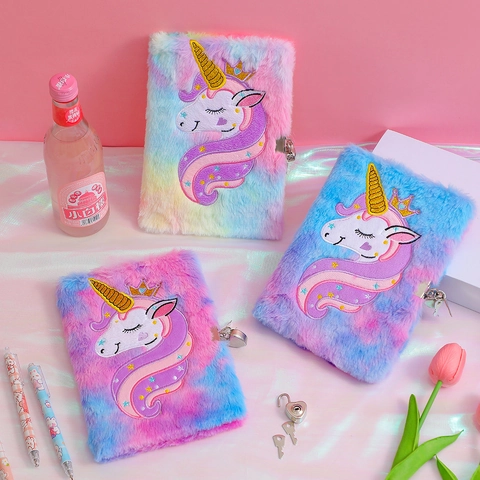 Carnet Licorne En Peluche Verrouillable Tie Dye Arc En Ciel Journal Intime Fournitures Scolaires Cadeau Étudiant Enfant