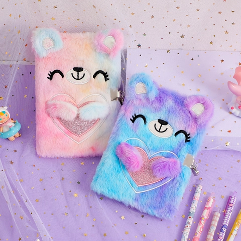 Cute Plush Bear Diary Journal With Lock Heart Gradient Fur Notebook Stationery Gift For Girls Kids School Supplies