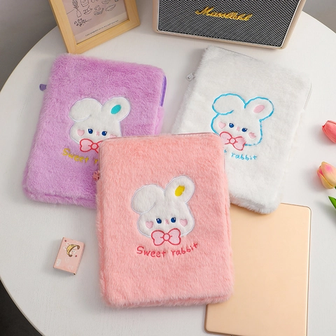 Borsa Per Tablet In Peluche Ricamo Coniglio Carino Custodia Laptop Antiurto Protezione Con Cerniera Per Ragazze
